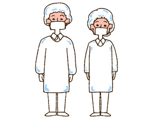 防護服を着て作業する人々 コミカルな手書きの人物　ベクター、線画にカラー
