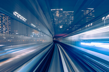 Fototapeta na wymiar Long exposure motion blur from Yurikamome Monorail line in Tokyo, Japan. Abstract for Digital, Technology, Futuristic Transportation, Computer Network, and Communication concept.