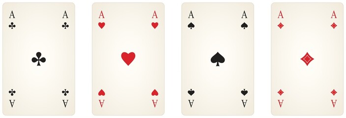 Ass Spielkarten Symbol Set Vektor in schwarz und rot. Herz, Kreuz, Pik und Karo Illustration. Weißer isolierter Hintergrund.
