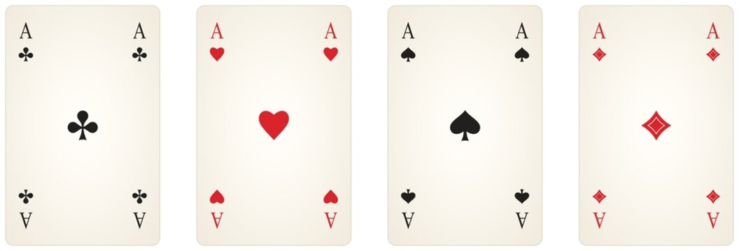 Ass Spielkarten Symbol Set Vektor in schwarz und rot. Herz, Kreuz, Pik und Karo Illustration. Wei&szlig;er isolierter Hintergrund.