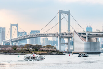 Landscape of Rainbow Bridge, the most famous bridge in Tokyo and Odaiba area in a cloudy day
