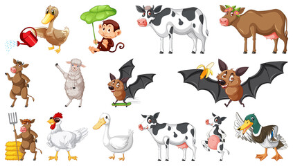 Many farm animals on white background