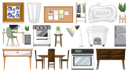 Furniture and household appliances on white background