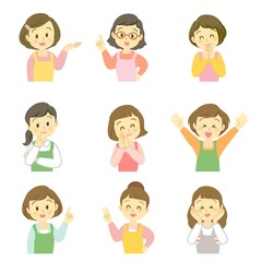 イラスト素材セット：笑顔でポーズをとるエプロン姿の女性アイコン（若い/バストアップ/主線なし）
