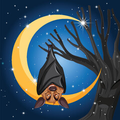 Cartoon bat with crescent moon background