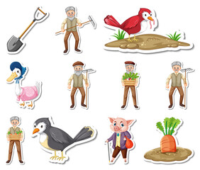 Sticker set of farm objects and farmer cartoon characters