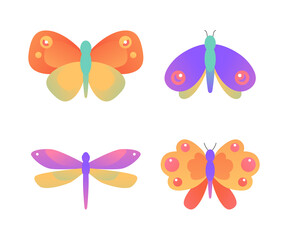 Vector illustration of colorful spring butterflies and insects. Geometric gradient butterfly, moth and dragonfly. Summer vibrant design. For branding, nursery, textile design element.