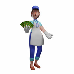 Rich Waiter 3D Cartoon Illustration with much money