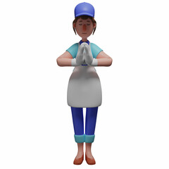3D Waiter Cartoon Character with clasp hands