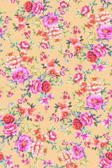 Lush floral pattern with hand painted botanical peonies, roses, chrysantemums, wild flowers and levaes. Multicolor multidirectional allover design with beautiful blooming flowers. 