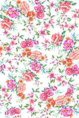 Lush floral pattern with hand painted botanical peonies, roses, chrysantemums, wild flowers and levaes. Multicolor multidirectional allover design with beautiful blooming flowers. 