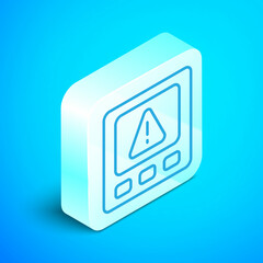 Isometric line Gps device error icon isolated on blue background. Silver square button. Vector