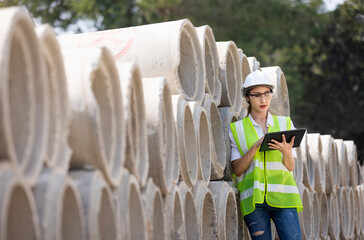 Woman construction site engineer architect worker with hard hat using tablet for checking concret...