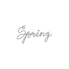 Spring lettering calligraphy text, continuous line drawing, handwritten lettering, posters, print, single line on a white background, isolated vector line art.