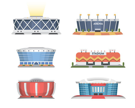 Sport stadium front view vector collection in cartoon style. City arena exterior illustration set. Vector illustration