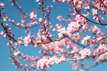 Spring with pink blossom cherry trees over the blue sky