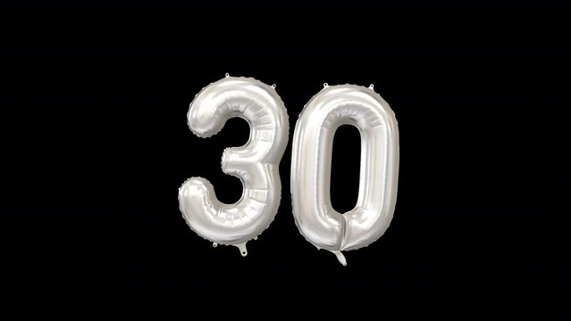 Anniversary Celebration Helium Balloon with Number 30. Loop Animation with Alpha Channel Prores 4444.