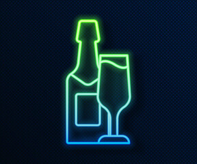 Glowing neon line Champagne bottle and glass of champagne icon isolated on blue background. Merry Christmas and Happy New Year. Vector