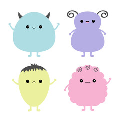 Monster icon set. Happy Halloween. Kawaii cute cartoon baby character. Funny face head body. Hands up, horn, fang teeth, eyes tongue. Patel color. Flat design. White background.