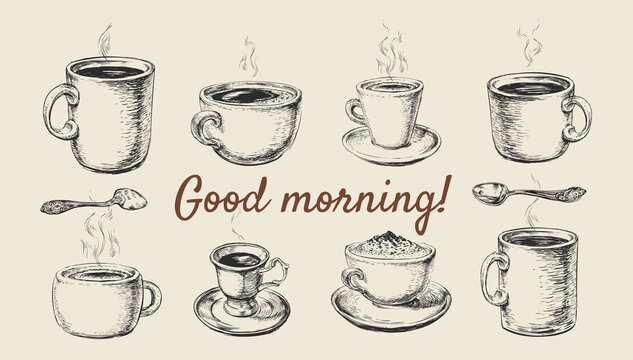 Coffe Cup Mug Set. Spoon. Hand Drawn Sketch Coffee Vector Illustration. Good morning. Breakfast. Cafe.