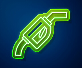 Glowing neon line Gasoline pump nozzle icon isolated on blue background. Fuel pump petrol station. Refuel service sign. Gas station icon. Vector