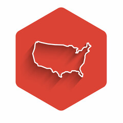 White line USA map icon isolated with long shadow background. Map of the United States of America. Red hexagon button. Vector