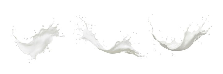 White milk splash swirl set with splatter and drops, vector liquid yogurt or cream drink wave. Milk splash of dairy product, 3D realistic milky flow of creamy pouring isolated on white - obrazy, fototapety, plakaty