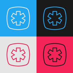 Obraz premium Pop art line Medical symbol of the Emergency - Star of Life icon isolated on color background. Vector