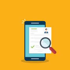 Online resume analysis, use phone and  magnifying glass to view recruitment resume, concept of recruitment and human resources