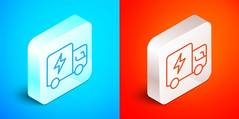 Isometric line Electric truck icon isolated on blue and red background. Silver square button. Vector
