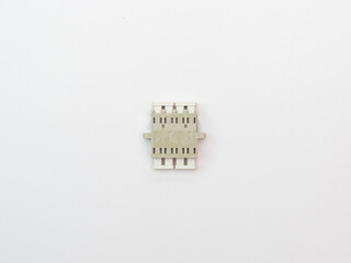 SC-UPC adapter for single mode fiber optic patch cord with flange on isolated white background