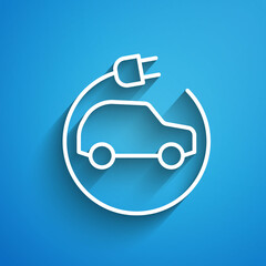 White line Electric car and electrical cable plug charging icon isolated on blue background. Renewable eco technologies. Long shadow. Vector