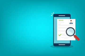 Online resume analysis, use phone and magnifying glass to view recruitment resume, concept of recruitment and human resources