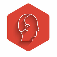 White line Baldness icon isolated with long shadow background. Alopecia. Red hexagon button. Vector
