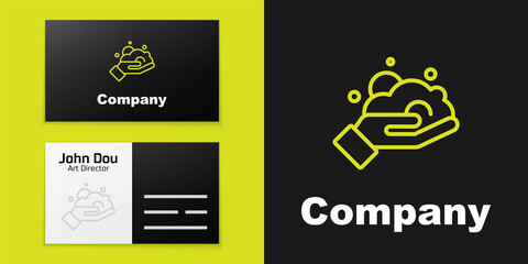 Logotype line Shaving gel foam on hand icon isolated on black background. Shaving cream. Logo design template element. Vector