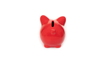 Mocap. Piggy bank of red color for storing savings and money back view.