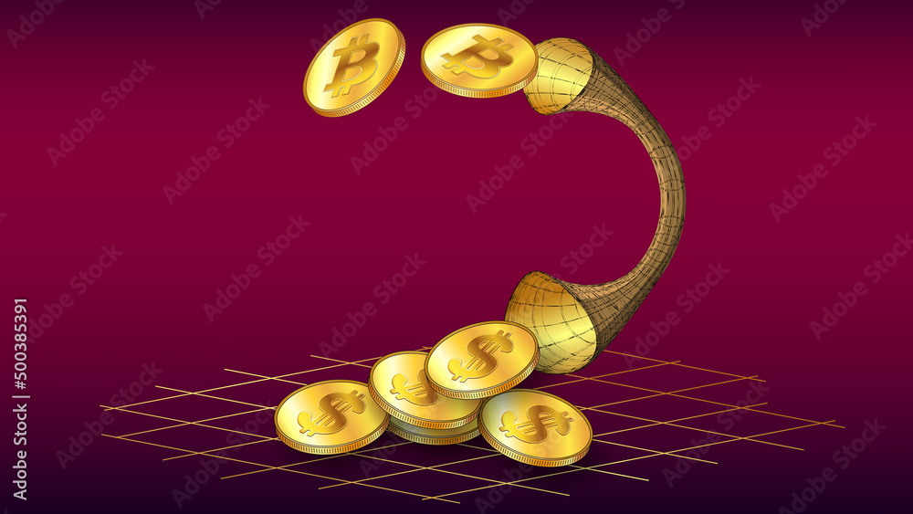 Canvas Prints btc and usd coins transferred through the pipe on red background. concept of converting bitcoin to d