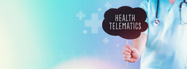 Health Telematics. Doctor holding sign. Text is in speech bubble. Blue background with icons