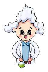 Cartoon scientist working in a laboratory with test tube and volumetric flask