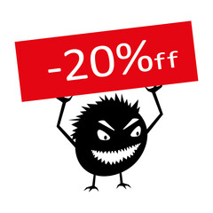 Funny monster holds a 20 percent discount sign. An evil creature for campaigning in online stores. Isolated vector.