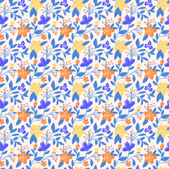 Floral yellow, blue, orange seamless pattern. Summer ditsy foliate repeat print. Cute folk design for wallpaper, wrapping paper, fabric, textile, decoration.