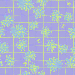 Seamless pattern with hand drawn meadow flowers in Ditzy style with plaid. Outlined illustrations on Violet background for surface design and other design projects