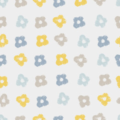 Seamless colorful pattern with hand drawn viola flower heads in rows on blue background for surface design and other design projects