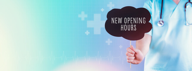 New Opening Hours. Doctor holding sign. Text is in speech bubble. Blue background with icons