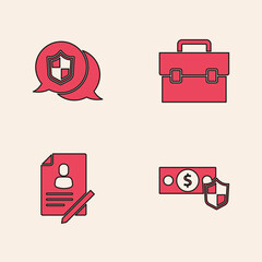 Set Money with shield, Location, Briefcase and Document icon. Vector