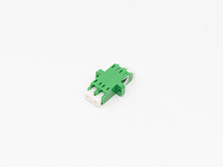 SC-UPC adapter for single mode fiber optic patch cord with flange on isolated white background