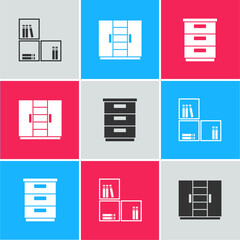 Set Shelf with books, Wardrobe and Furniture nightstand icon. Vector