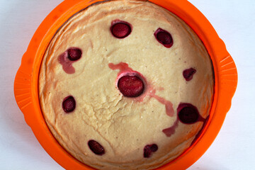 Cottage cheese casserole with strawberries in a baking dish
