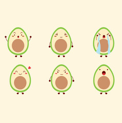 Avocado character. Many emotions cartoon. Martial, dismal, cry, smile, happy, angry and surprised.