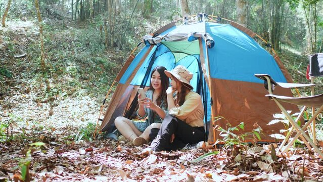 Handheld shot, front view Young Asian pretty woman and her girlfriend sitting at front of tent, use mobile phone take photo, talking and show picture during camping in forest with happiness together